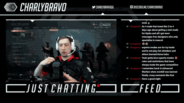 charlybravo is playing a video game and has just chatting written on the bottom