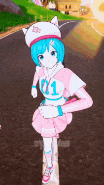 a girl with blue hair is wearing a pink and white outfit and a white hat .