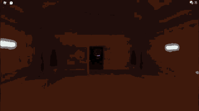 a screenshot of a video game shows a dark room with a glowing face in the corner