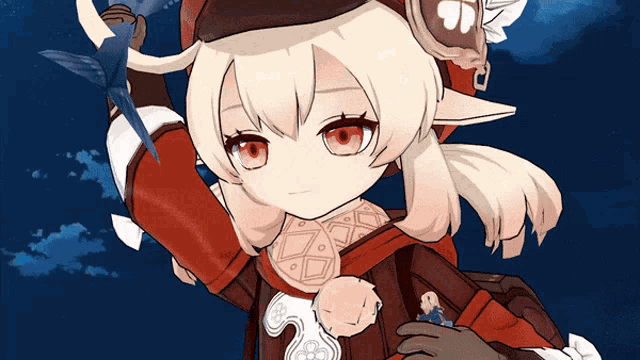 a girl in a red and white outfit holds a bird in her hand
