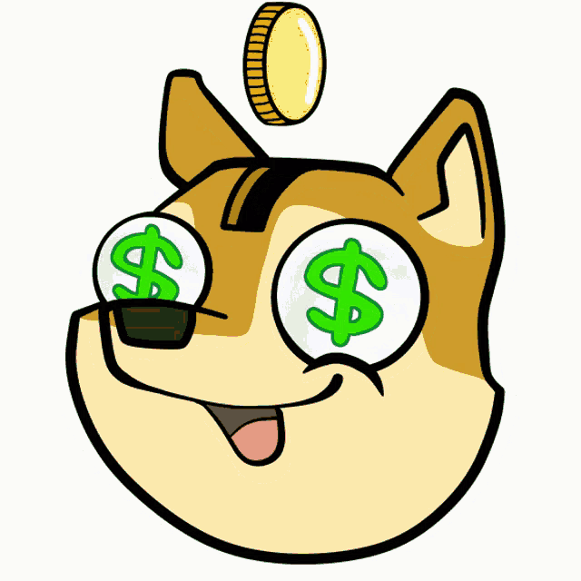 a cartoon dog with dollar signs in its eyes and a coin in its head