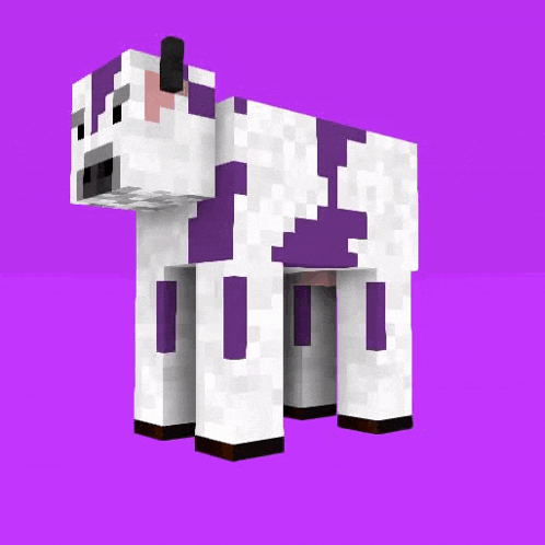 a white cow with purple spots is standing on a purple background .
