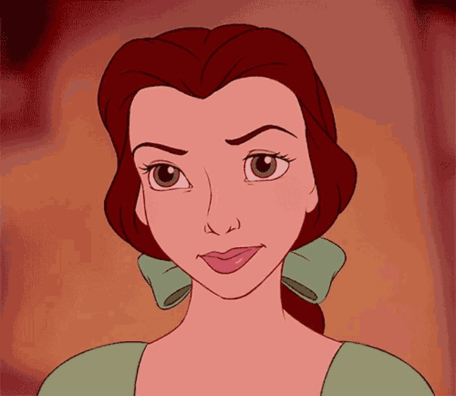 belle from beauty and the beast is wearing a green dress and a bow in her hair