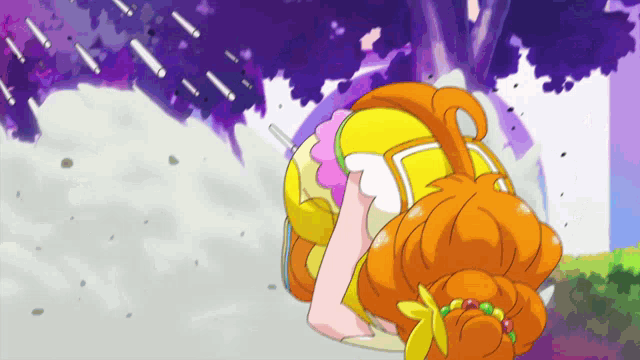 a cartoon of a girl with orange hair and a yellow outfit