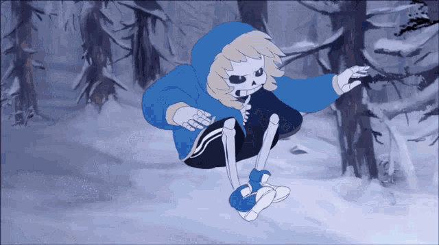 a cartoon drawing of a skeleton in a blue hoodie