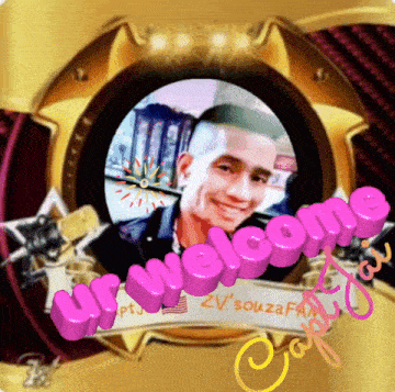 a picture of a man in a gold circle with the words " welcome " on it