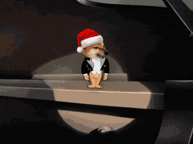 a dog in a tuxedo and santa hat