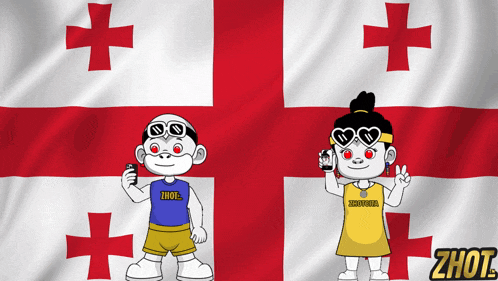 a boy and a girl are standing in front of a flag with the word zhout on the bottom
