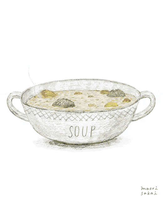 a bowl of soup with a yellow submarine in it