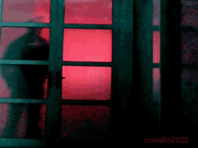 a green door with a pink light behind it and the year 2022 on the bottom