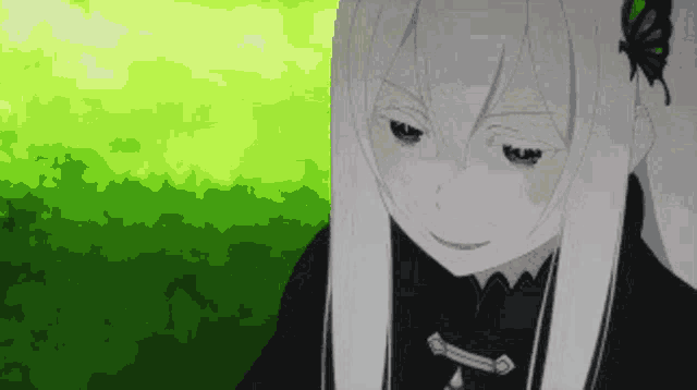 a close up of a girl with long white hair and a black outfit .