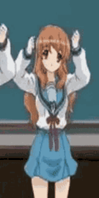 a girl in a school uniform is dancing in front of a blackboard in a room .