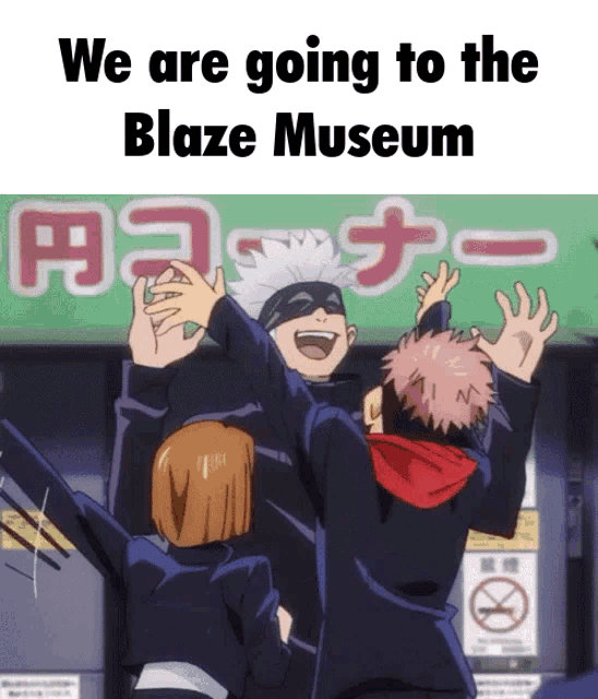 a group of people are standing in front of a sign that says we are going to the blaze museum