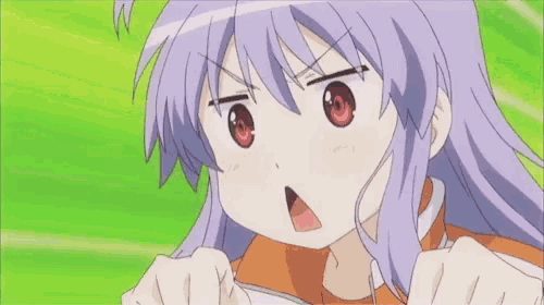 a girl with purple hair and red eyes looks angry