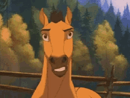 a cartoon horse standing next to a wooden fence