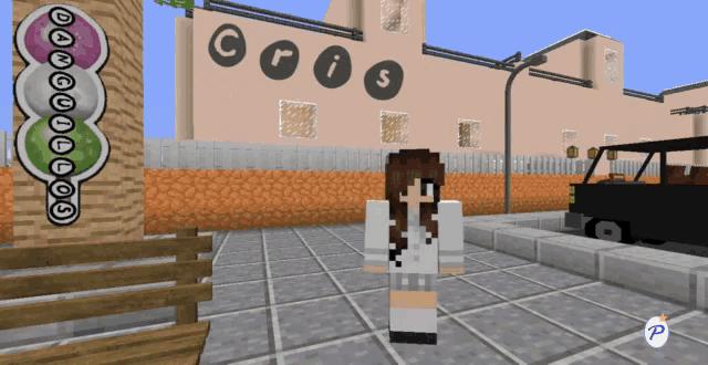 a girl is standing in front of a building that says cris on it