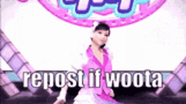 a girl in a pink and white dress is dancing in front of a sign that says repost if woota