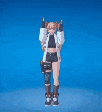 a girl with pigtails is standing with her arms outstretched in front of a blue background .