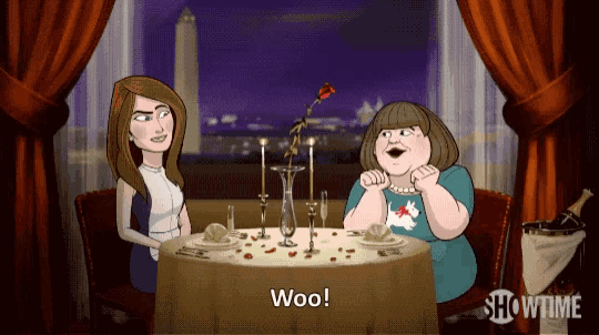 a cartoon of two women sitting at a table with the words woo on it