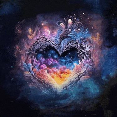 a painting of a heart surrounded by trees and flowers