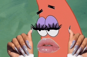 a woman with long nails is holding a picture of patrick from spongebob squarepants with purple eyelashes and pink lips .