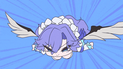 a cartoon character with purple hair and white wings is flying through the air