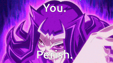 a purple cartoon character with the words `` you perish '' on it