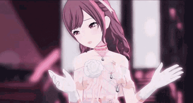 the girl is wearing a white dress and white gloves .