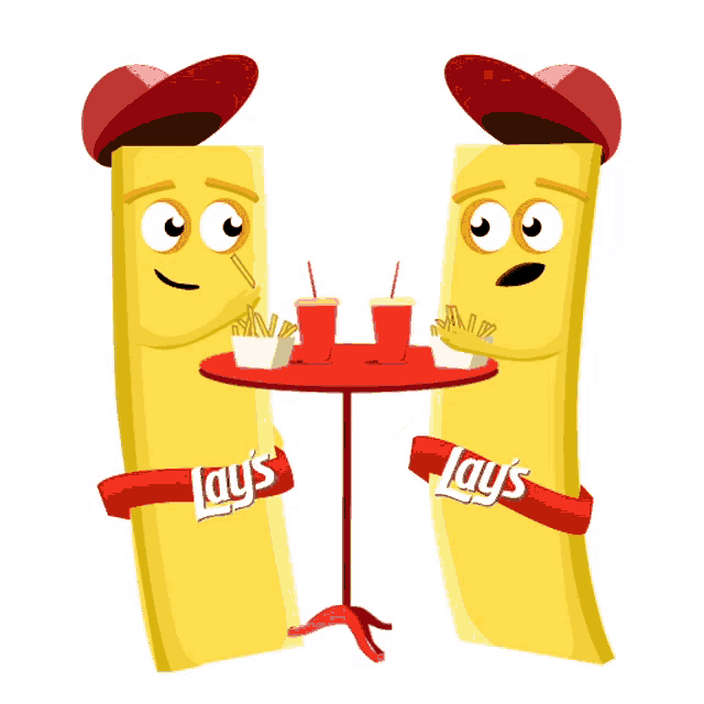 two lay 's chips are sitting at a table with drinks and french fries