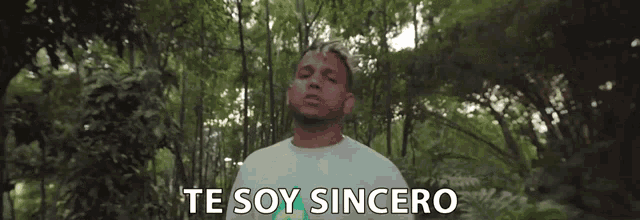 a man stands in front of a forest with the words te soy sincero written below him
