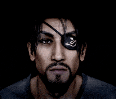 a close up of a man 's face with a patch on his eye with a snake on it