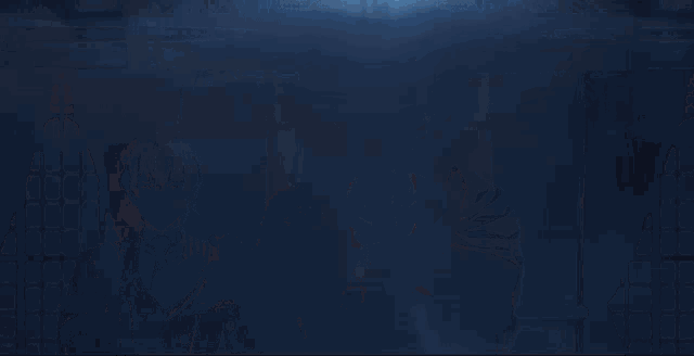two anime characters are standing next to each other in a dark room