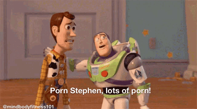 woody and buzz lightyear from toy story are standing next to each other and talking to each other .