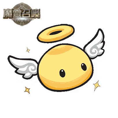 a yellow cartoon character with wings and a halo around its head