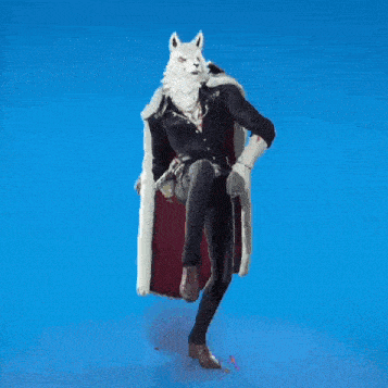 a man with a white furry head is standing on one leg .