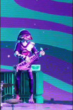 a cartoon character is playing a guitar in front of a purple and green background