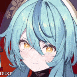 a close up of a girl 's face with the word dust in the lower right corner