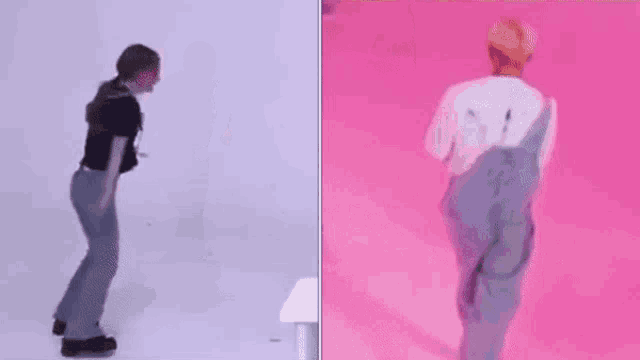 a woman and a man are dancing on a pink floor .