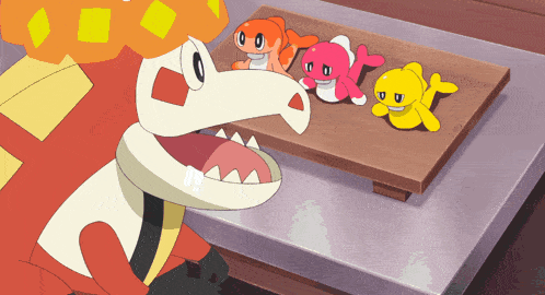 a cartoon drawing of a dinosaur sitting next to a tray of fish