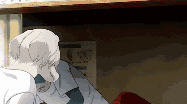 a cartoon drawing of a person looking at a butterfly poster