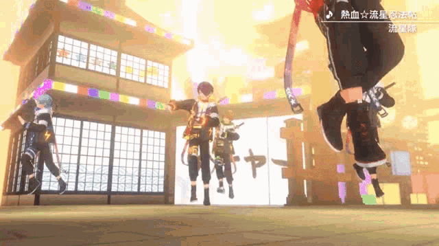 a group of people are dancing in front of a building with chinese characters on it