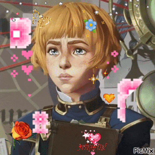 a picture of a boy with hearts and flowers surrounding him and the words picmix on the bottom
