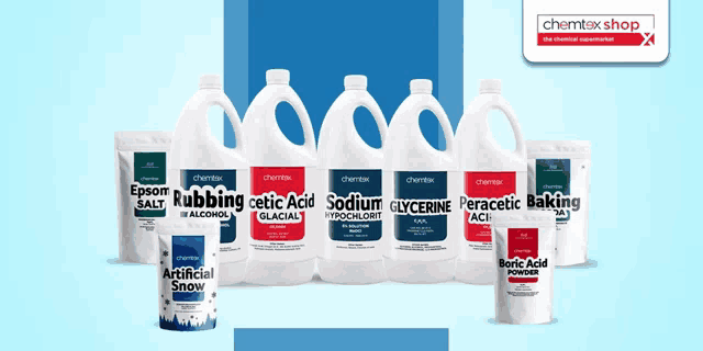 bottles of rubbing cetic acid sodium glycerine and artificial snow are lined up in a row