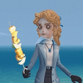 a cartoon character is holding a skewer of food in front of the ocean