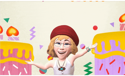 a woman wearing glasses and a red hat is standing in front of a birthday cake