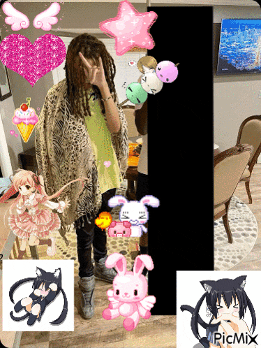 a girl with dreadlocks is surrounded by cartoon characters and a picmix sticker