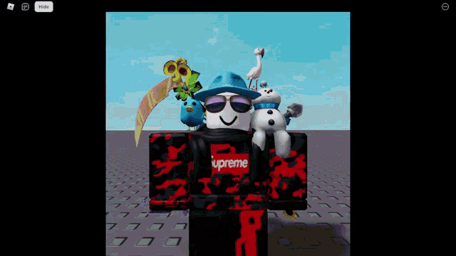 a cartoon character wearing sunglasses and a blue hat is standing next to a snowman
