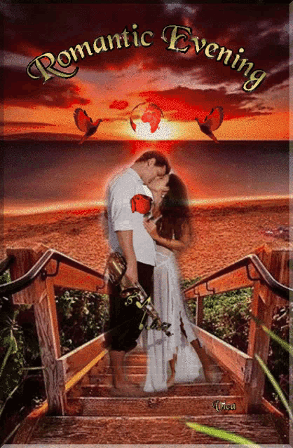 a man and woman kissing on a bridge with the words romantic evening above them