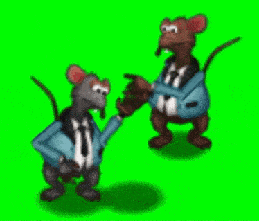 two cartoon mice in suits and ties are shaking hands on a green screen