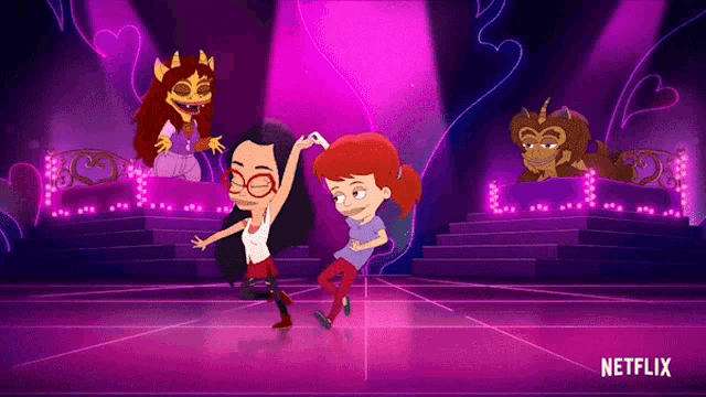 a cartoon of two girls dancing on a stage with netflix written on the bottom .